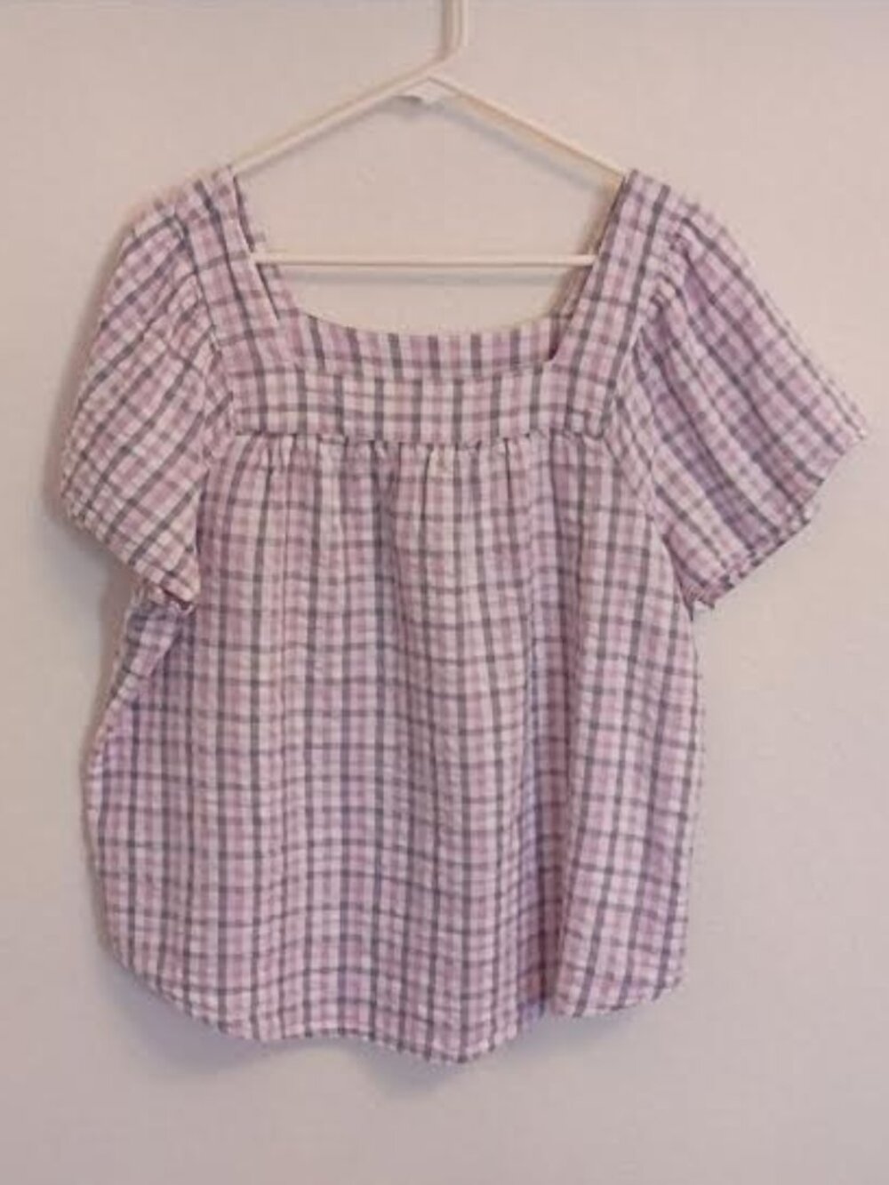LOLA RIVER WOMEN'S TOP LAVENDER WHITE GINGHAM CHECK SHORT SLEEVE COTTON SIZE XL